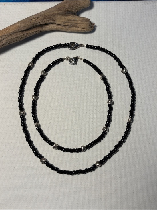 Bluemoonjewelry Jewelry - Black Beaded Necklace and Anklet Set with Silver Heart Accents